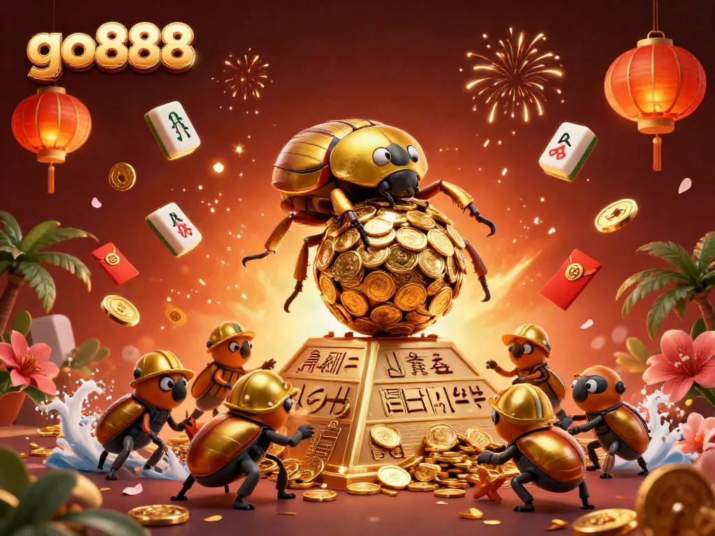 Engage with go888's vibrant 3D casino illustration, highlighting golden beetles amidst festive game elements.