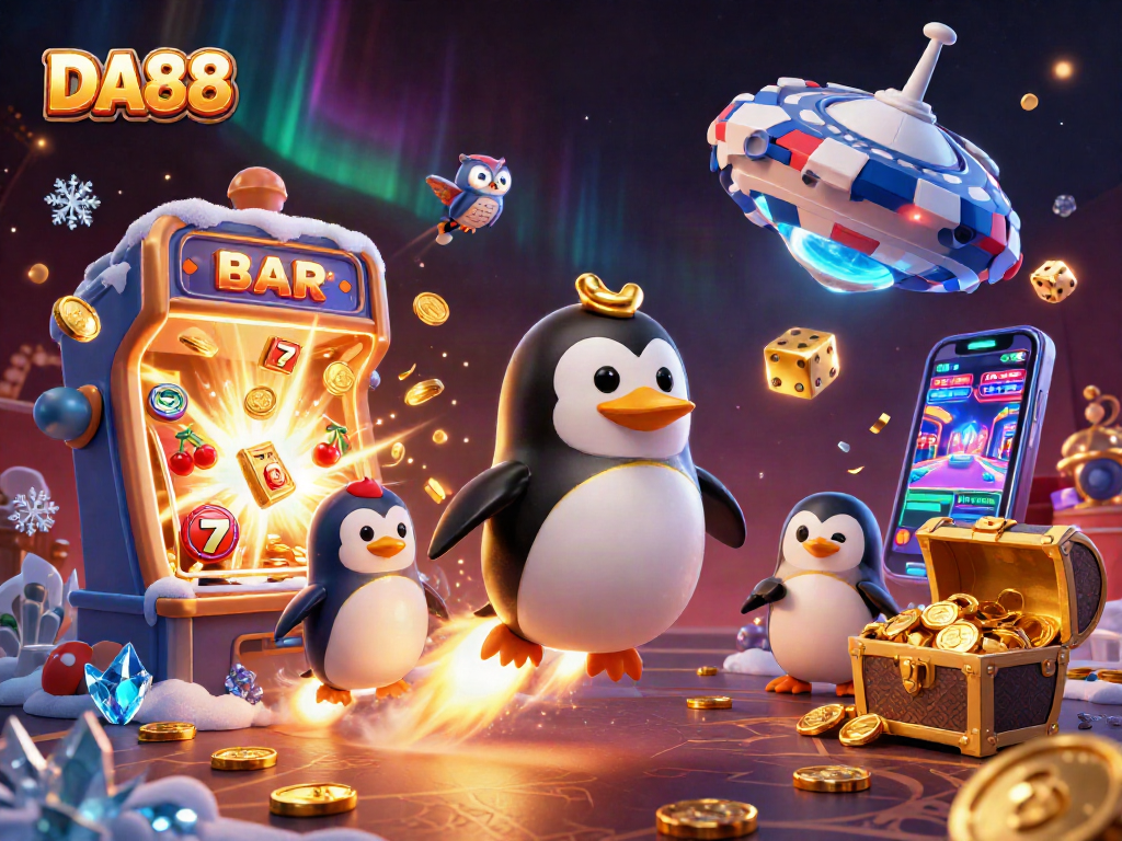 Spin to win with DA88 as 3D golden penguin rockets towards a jackpot in vibrant casino space