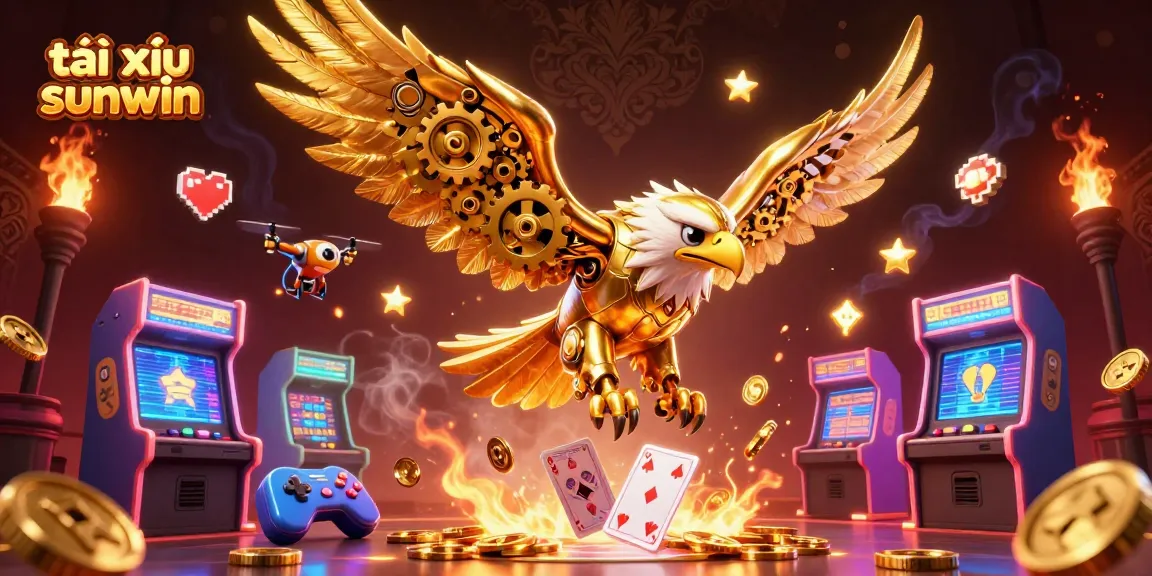 Engage in tài xỉu sunwin with a stunning 3D illustration of a golden eagle amidst vibrant casino elements.