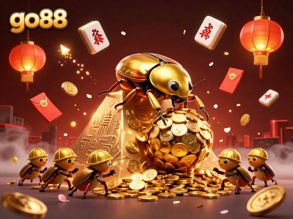 Experience the excitement of go88 as cartoon beetles roll in gold coins under a dazzling casino pyramid.