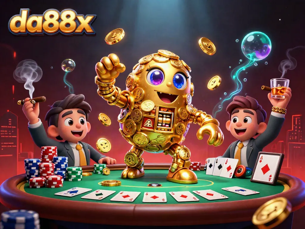 Experience the thrilling world of da88x with a captivating casino scene showcasing a golden golem surrounded by poker elements.
