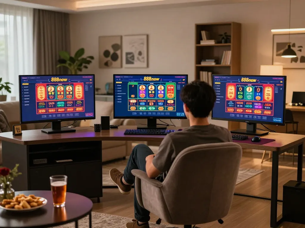 Engaging online gaming scene with a player using the 888now com casino interface, relaxed atmosphere and stylish setup.