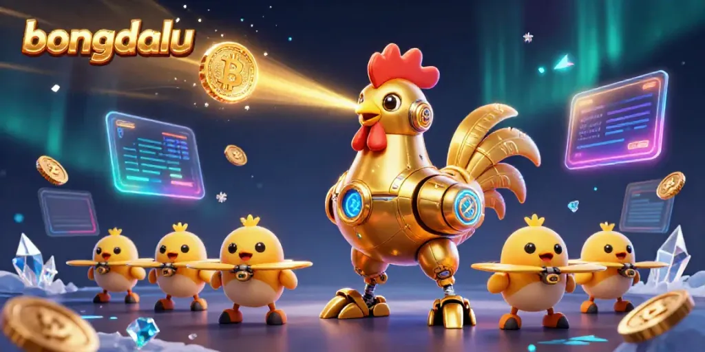Engage with bongdalu's vibrant gambling scene featuring a golden rooster robot and crypto elements.