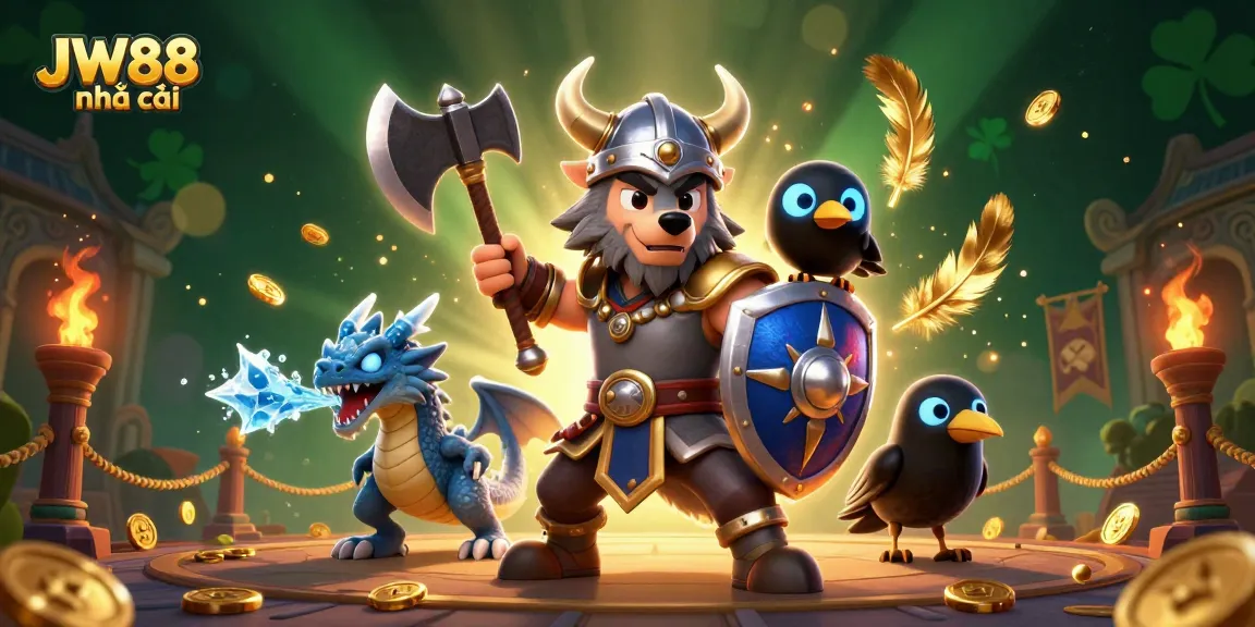 Experience thrilling games at JW88 nhà cái with Viking warrior and dragon in an engaging casino scene.