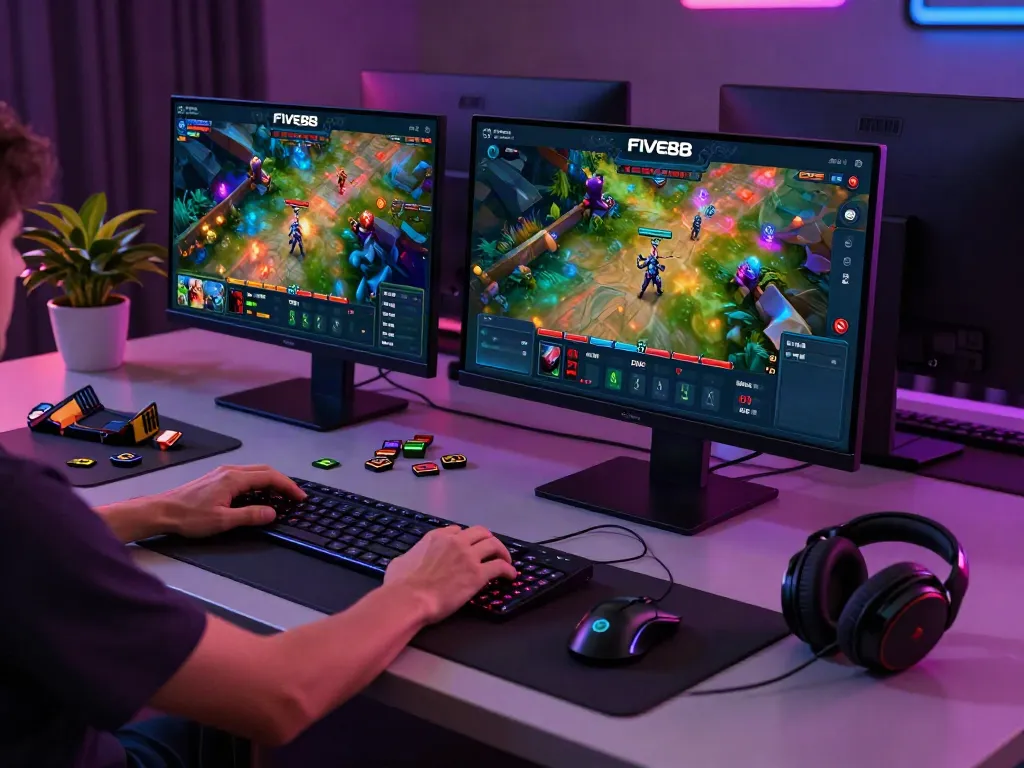 Exciting online gaming setup featuring five88 platform on a laptop screen with vivid graphics and accessories.