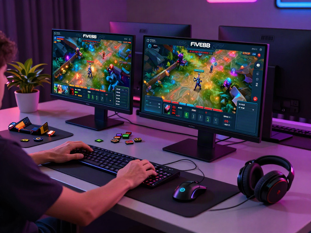 Exciting online gaming setup featuring five88 platform on a laptop screen with vivid graphics and accessories.