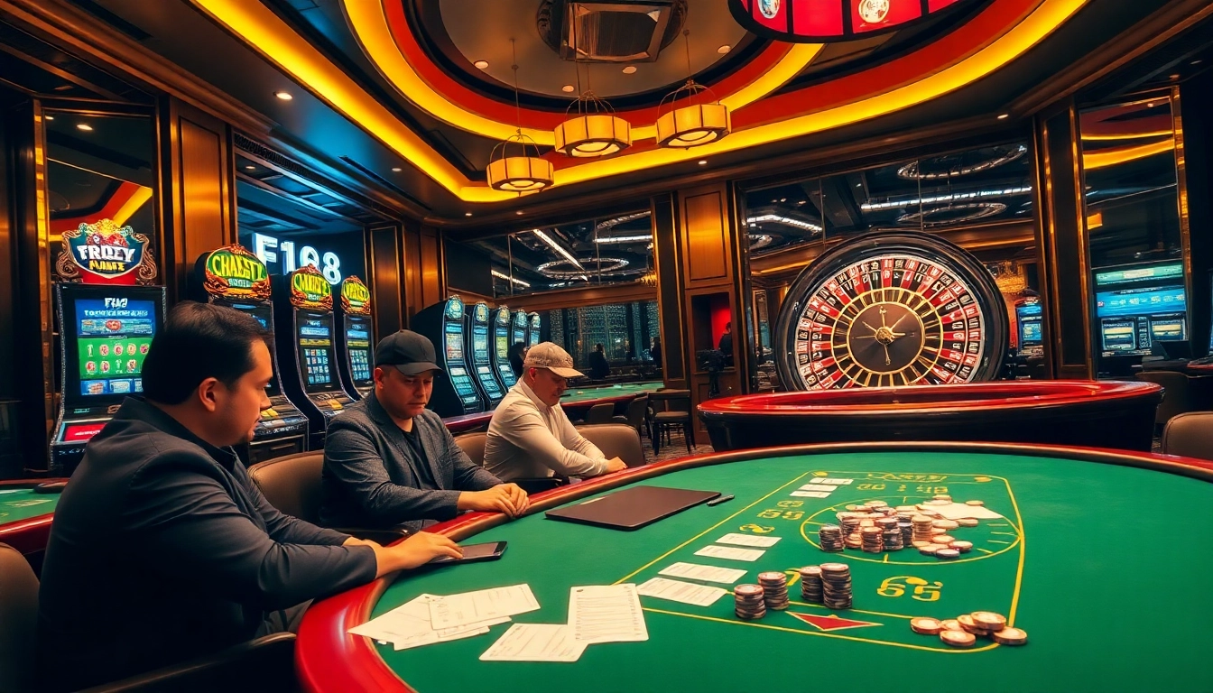 Experience the thrill of F168 with exciting poker and roulette action in a luxurious casino setting.