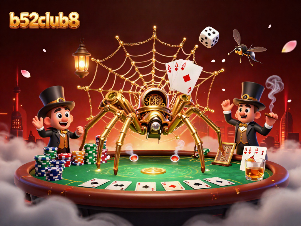 Catch thrilling action at b52club8 with a steampunk spider, golden chips, and poker excitement.