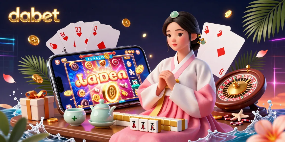 Dabet offers vibrant slot gameplay with golden coins and colorful game elements surrounding a serene Asian woman.