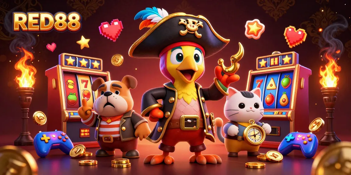 Enjoy thrilling gaming at RED88, featuring vibrant slot machines and adventurous characters.