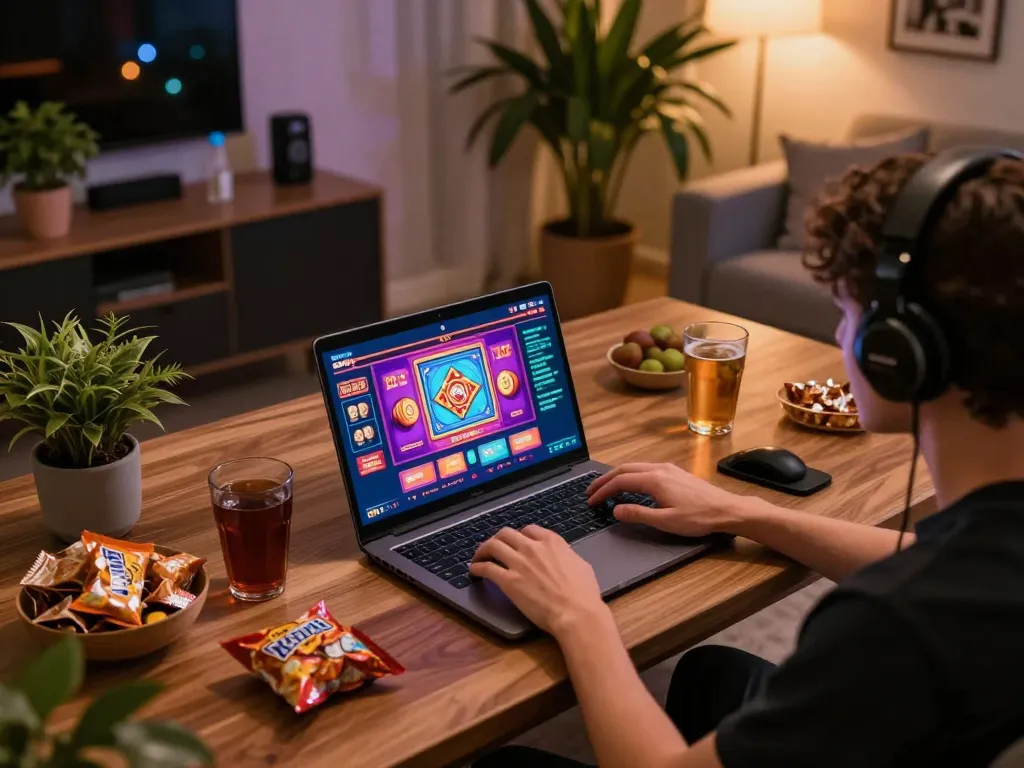 Person enjoying W188 online slots on a laptop with casino interface, cozy home setup