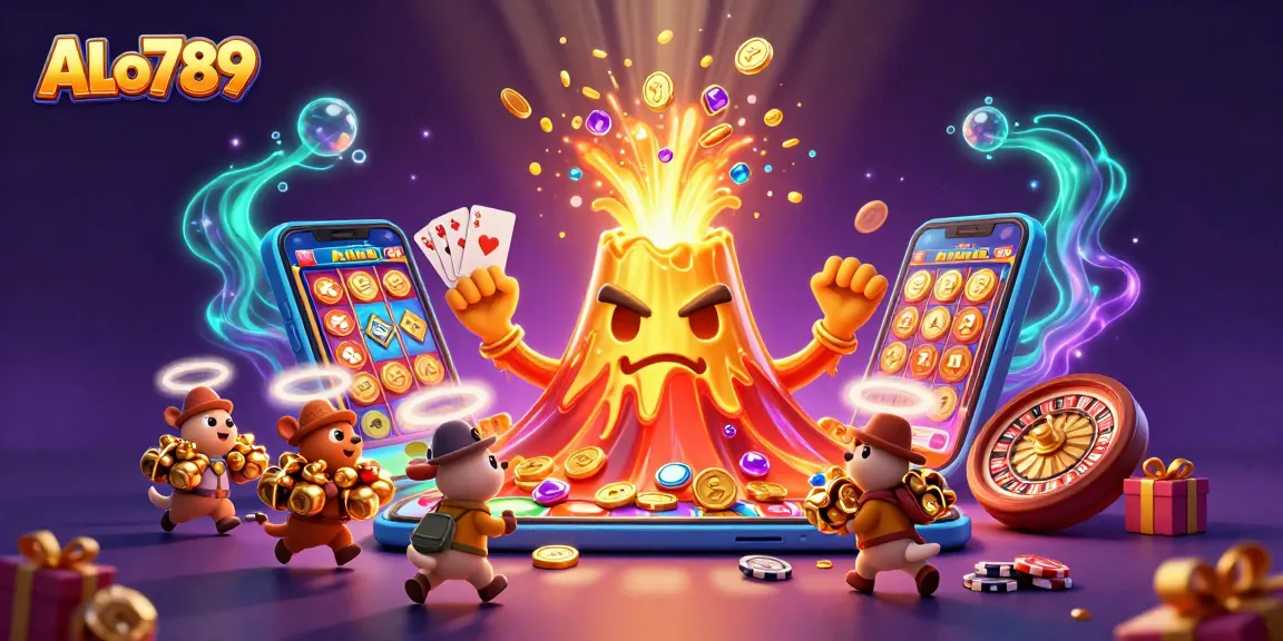 Experience the excitement of ALo789 with treasures overflowing from a golden volcano in this vibrant casino illustration.
