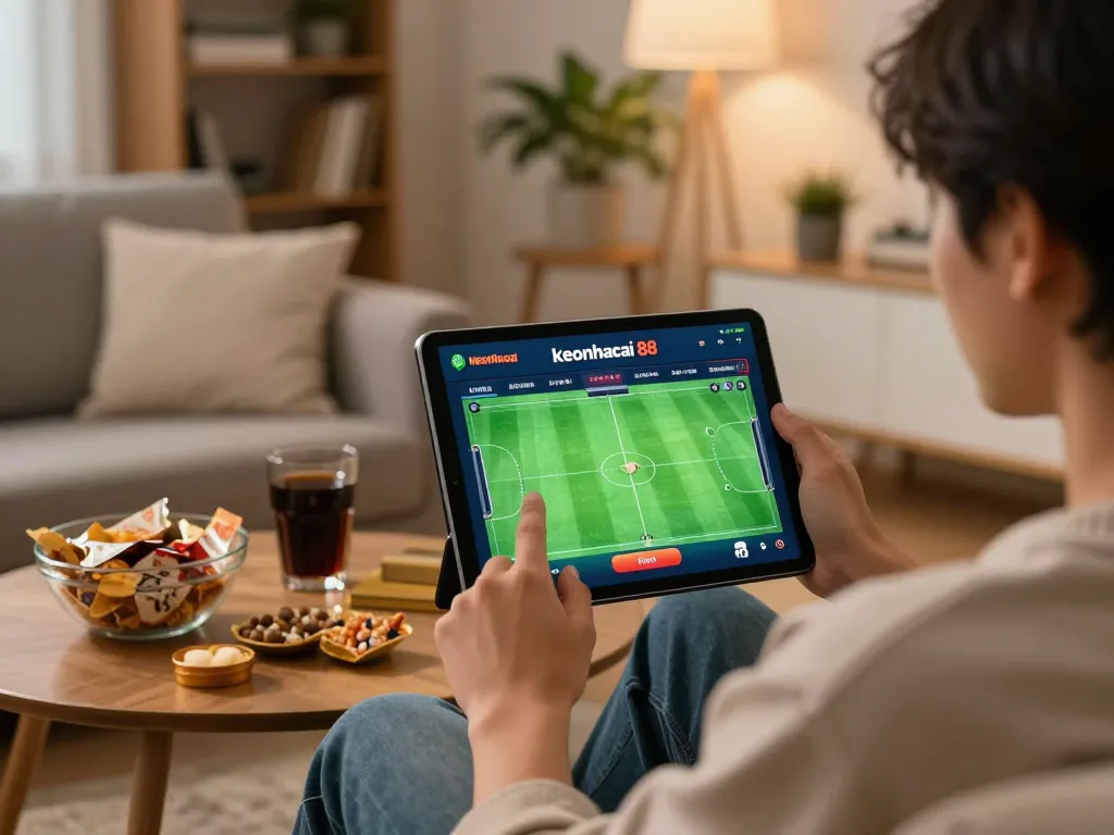 Engaging with keonhacai 88 sports betting app in a cozy home setting.