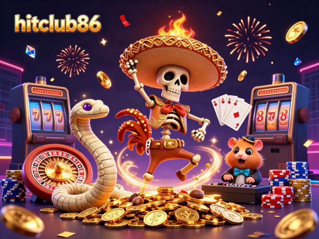 Experience the excitement of hitclub86 with a vibrant 3D scene showcasing casino elements and animated characters.