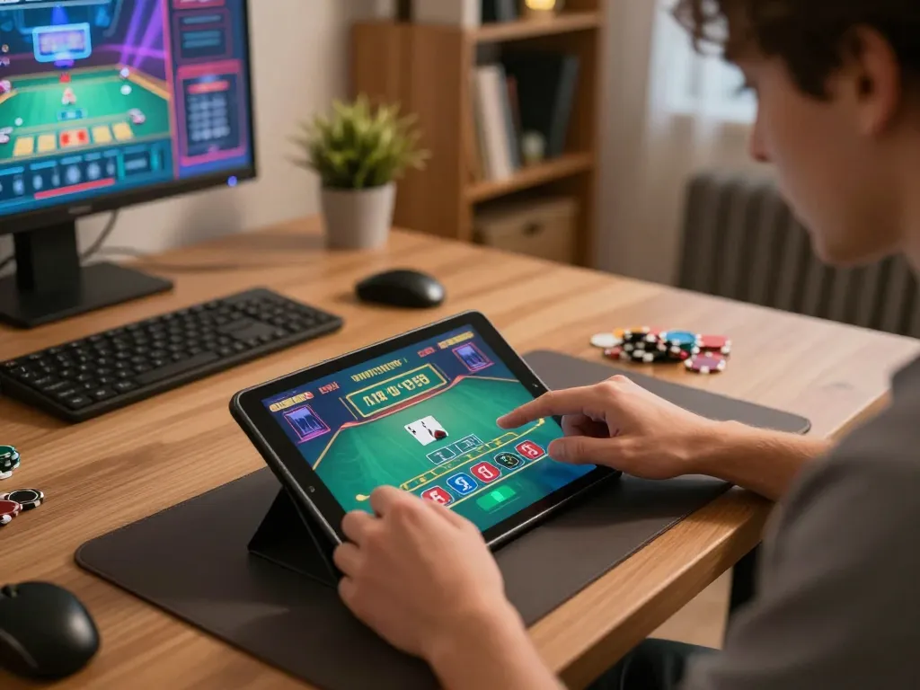 CM 88 enthusiast playing a live blackjack game on a sleek tablet in a cozy home setup.