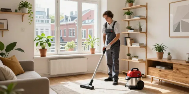 Woning schoonmaak Amsterdam door professionele schoonmaakster in een gezellige woonkamer.