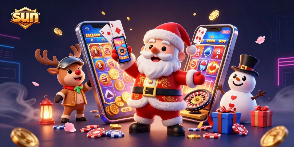 Spin the best slots at sun, featuring Santa and friends amid vibrant casino excitement.
