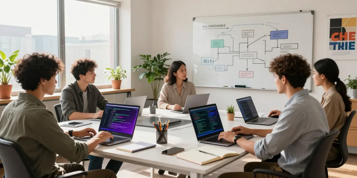 Team building internal tools with AI in a modern workspace, showcasing laptops and vibrant coding.
