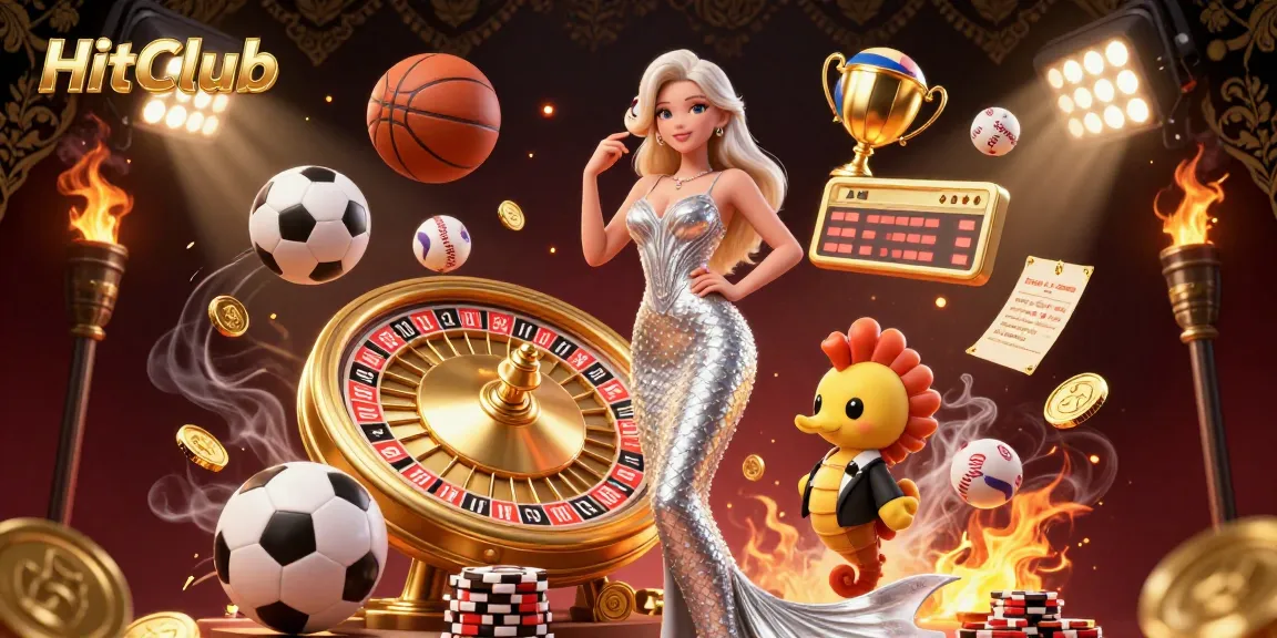 Experience the excitement of gambling at HitClub with this vibrant 3D illustration featuring a roulette wheel and dynamic sports elements.
