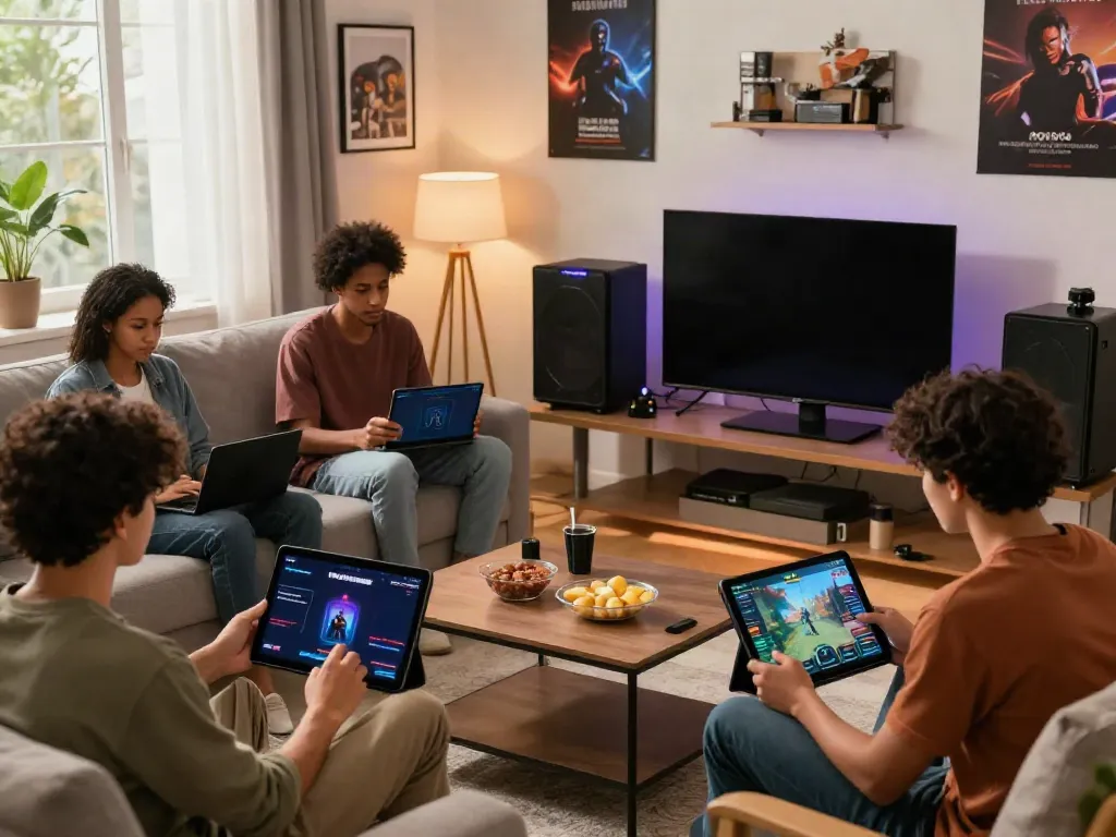 Friends enjoying ROKOK 88 games in a lively living room, showcasing digital creativity