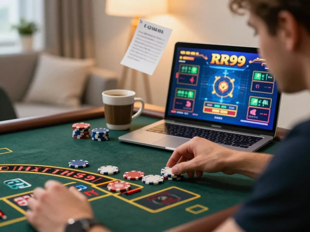 Player placing an RR99 bet on a laptop in a cozy home setting, emphasizing action and strategy.