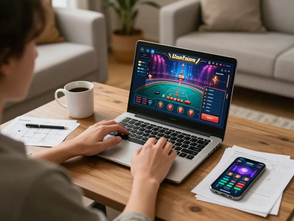 Engaging with gamebai79 on a laptop in a cozy home setting, highlighting responsible online gambling.