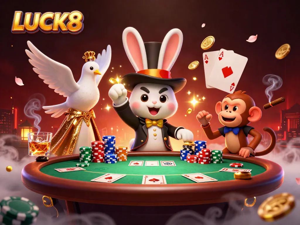 Experience thrilling moments with LUCK8 as a magician rabbit conjures coins, captivating players around a dynamic casino scene.