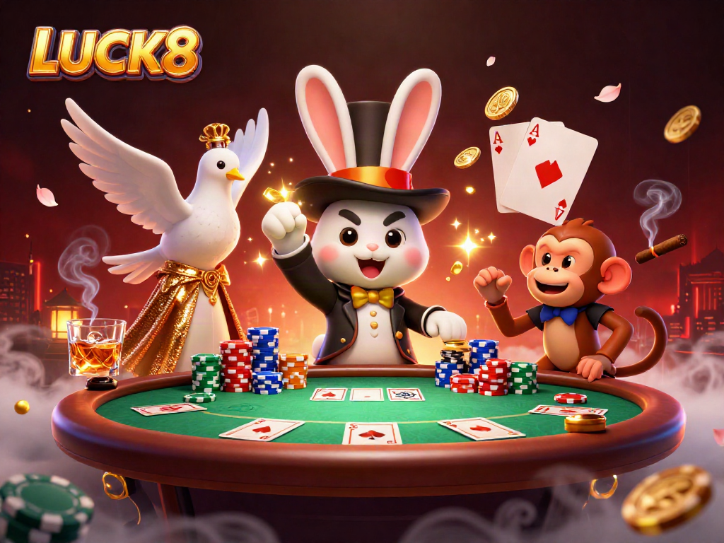 Experience thrilling moments with LUCK8 as a magician rabbit conjures coins, captivating players around a dynamic casino scene.