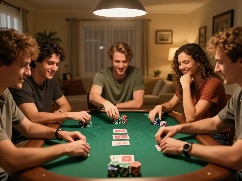 Friends playing poker at home, enjoying their tg88 gaming experience with chips and cards.