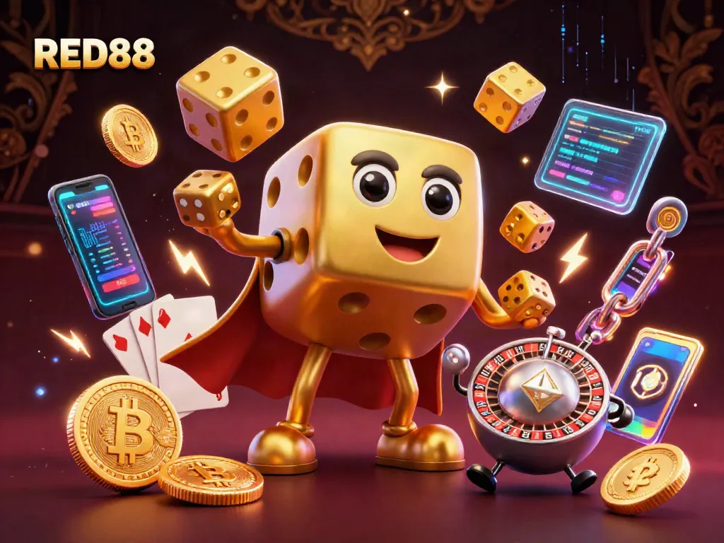 Engage in thrilling games at RED88, featuring golden dice, dynamic crypto elements, and vibrant casino action.