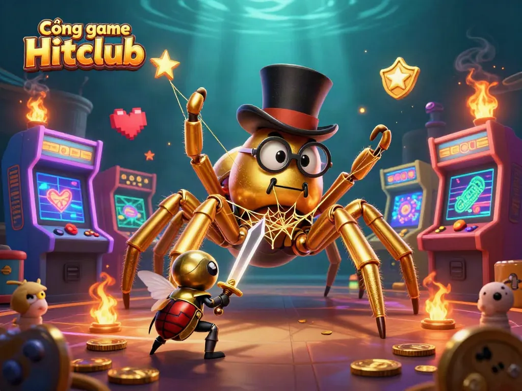 Cổng game Hitclub features a golden tarantula weaving gold thread in a lively casino atmosphere.
