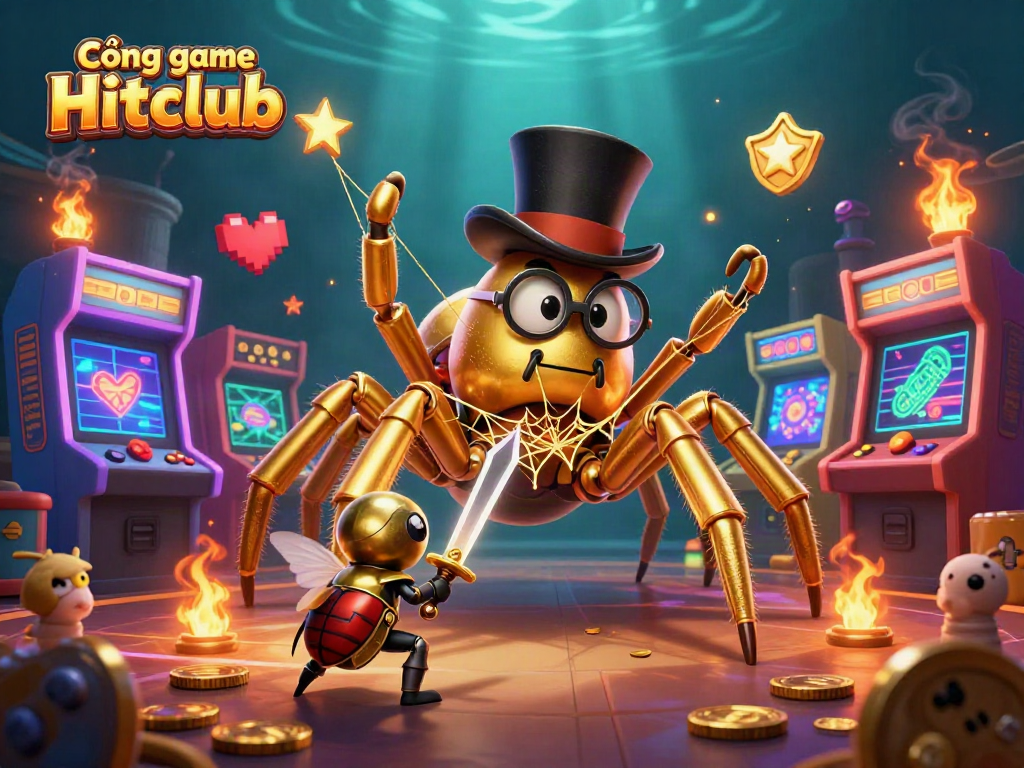 Cổng game Hitclub features a golden tarantula weaving gold thread in a lively casino atmosphere.
