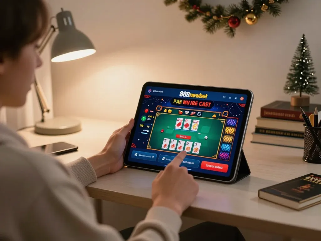Engaging in online gaming at home using the 888newbet casino app on a tablet.