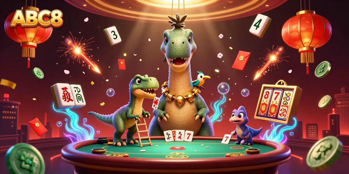 ABC8 casino illustration showcasing a vibrant scene of a dinosaur and raptor surrounded by dynamic gaming elements.