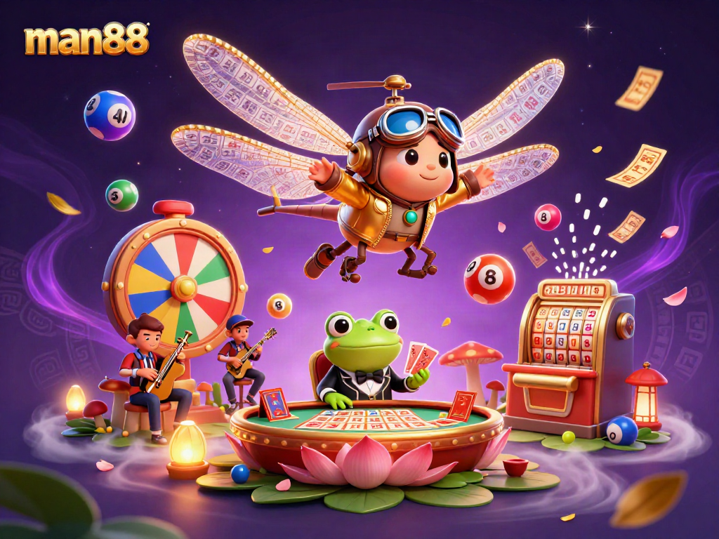 Engage with man88's vibrant casino world, featuring animated characters and dynamic lottery elements.