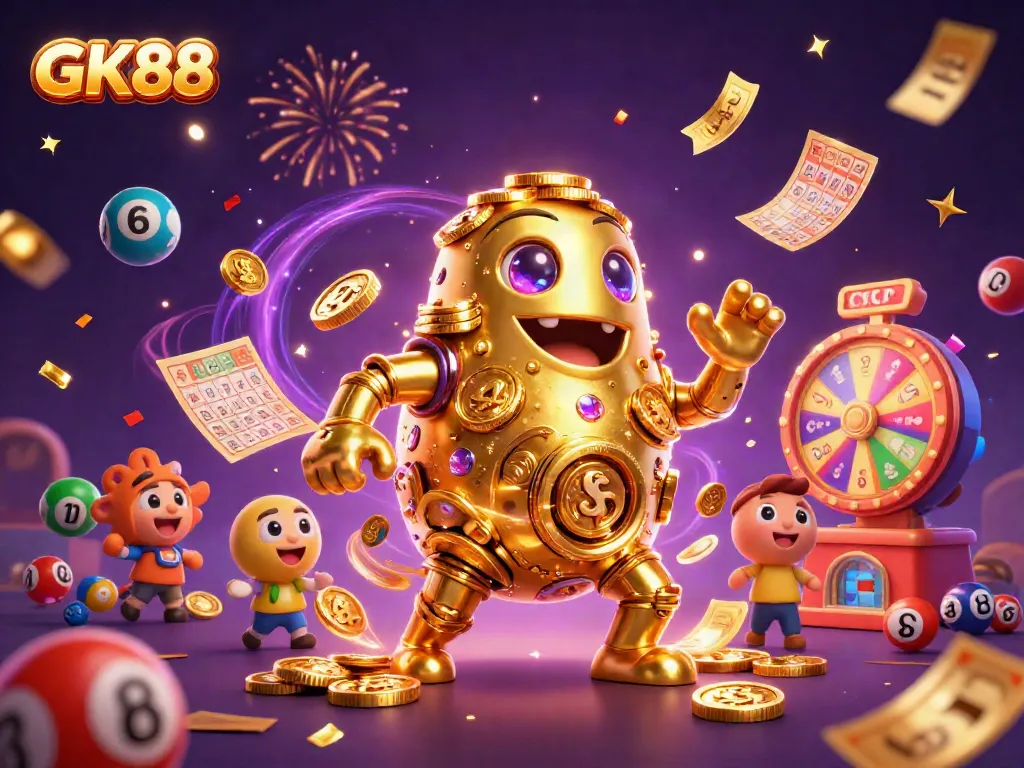 Experience fun gaming activities at GK88 with vibrant animations and golden characters representing excitement.