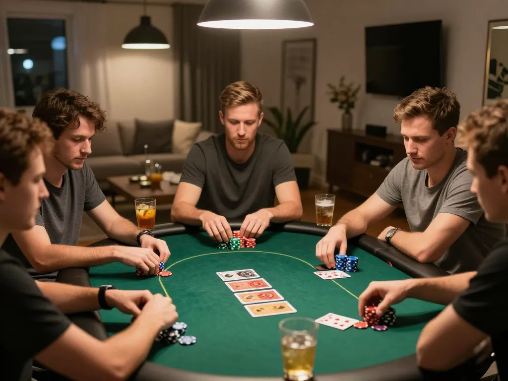 BOM88 players enjoying a lively home poker night, showcasing strategic gameplay and camaraderie.