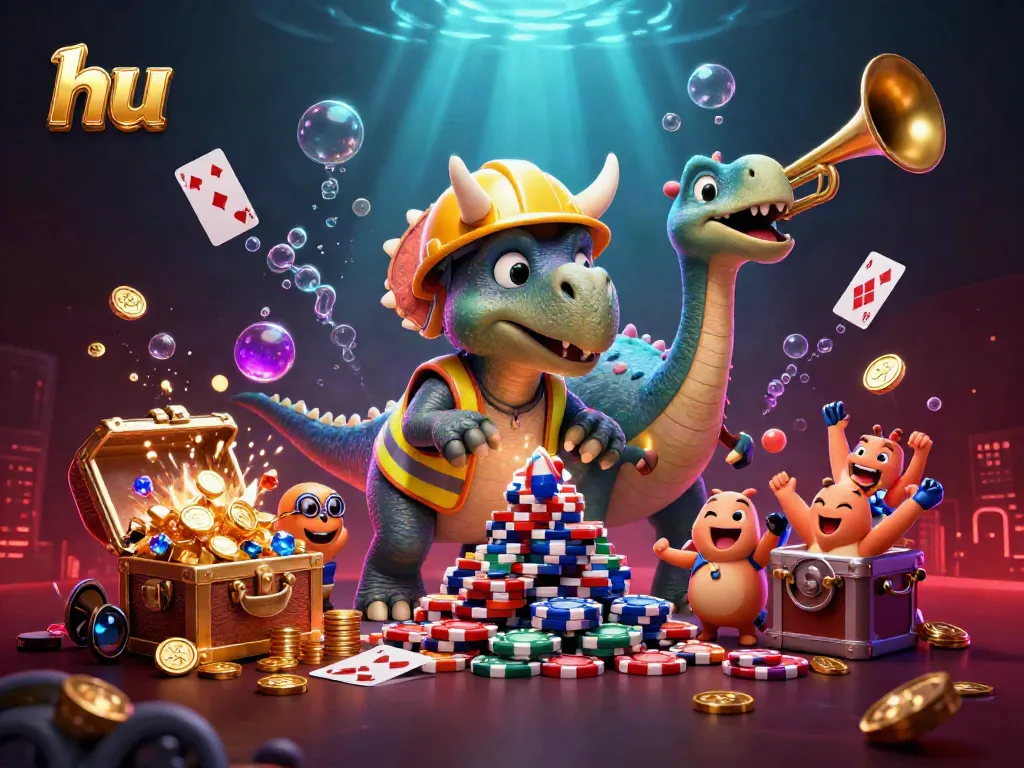 Celebrate big wins at hu with a dynamic 3D scene featuring a triceratops and vibrant casino elements.