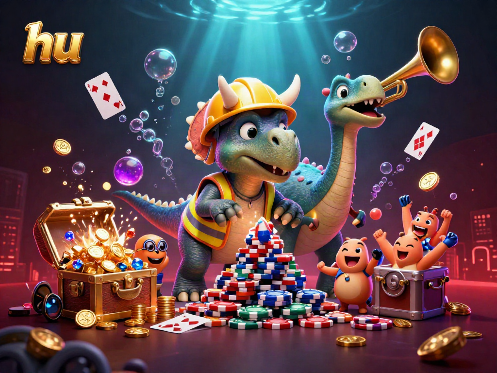 Celebrate big wins at hu with a dynamic 3D scene featuring a triceratops and vibrant casino elements.