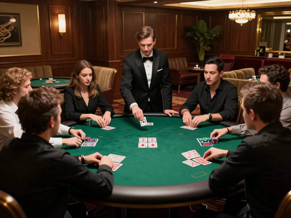 Players strategizing during a high-stakes poker game at MAX88, showcasing an upscale gaming atmosphere with concentration and excitement