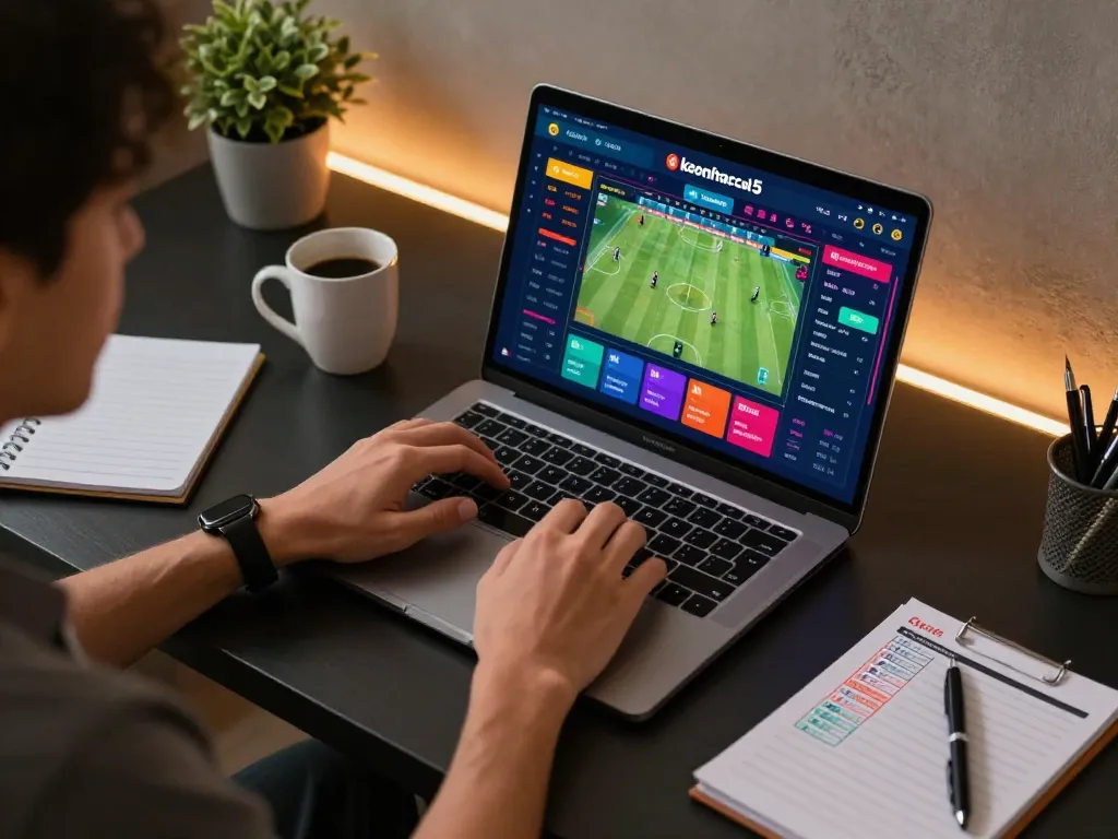 Engaging in real-time sports betting on keonhacai5 with a modern laptop setup and vibrant interface.