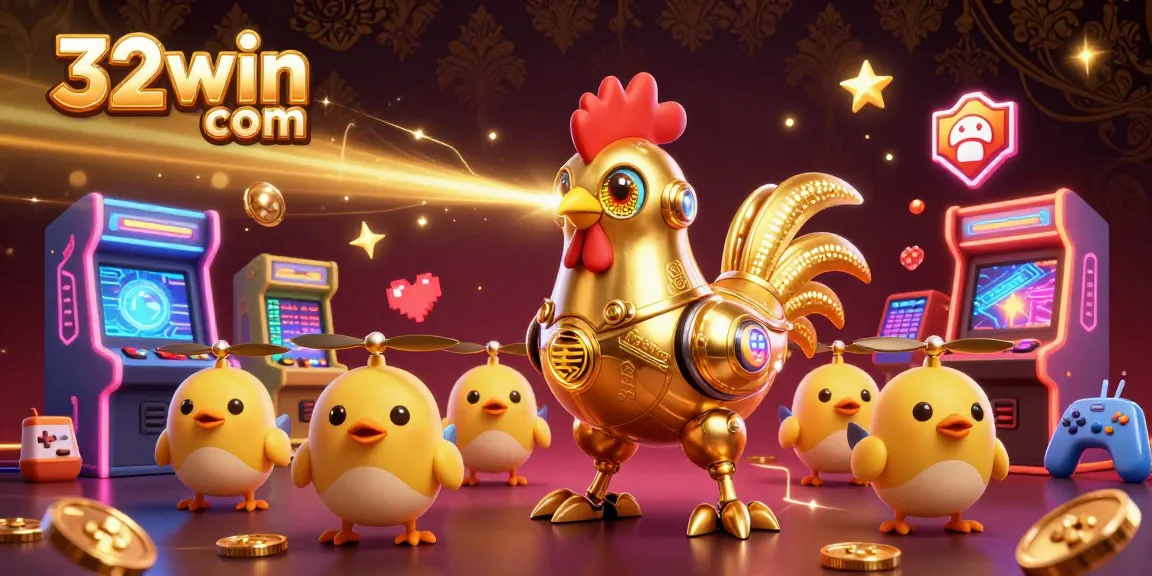 Engage with 32win com for a 3D gaming adventure featuring a golden rooster robot and arcade elements.