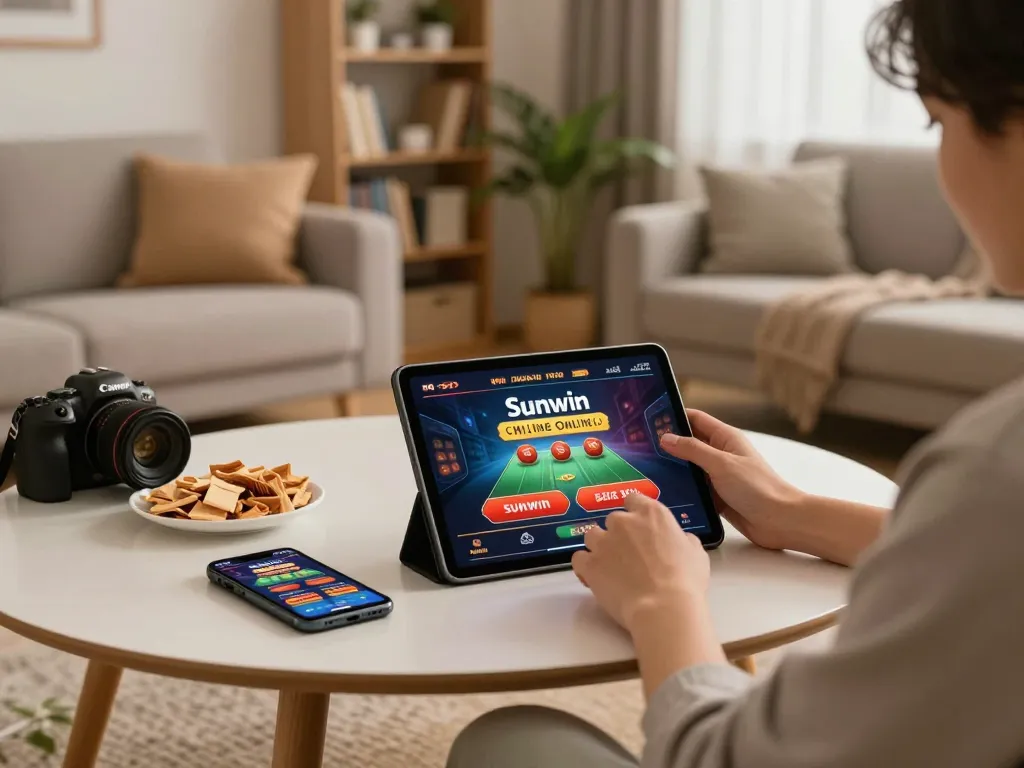 Engaging in online gaming on Sunwin app in a cozy home environment with snacks and a smartphone.