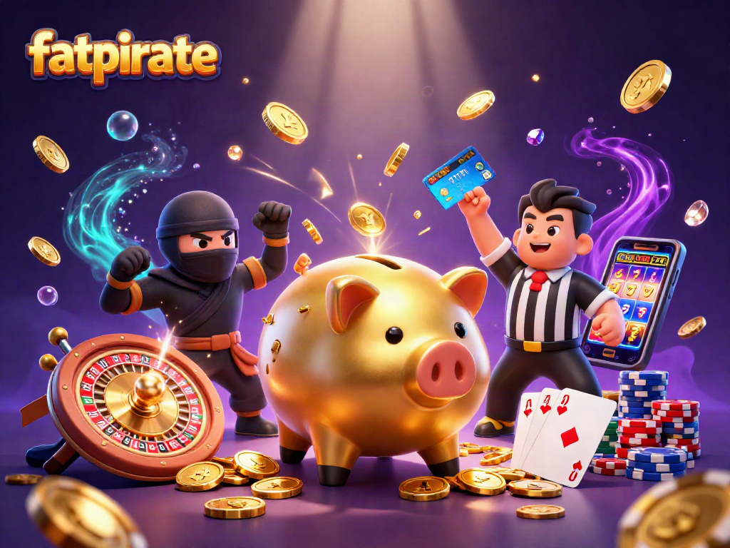 Watch the fatpirate characters celebrate with cascading coins and vibrant casino elements in a thrilling scene.