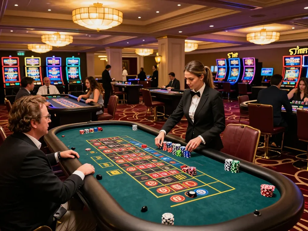 Experience the vibrant atmosphere of vin88sa with players enjoying a thrilling roulette game in an upscale casino.