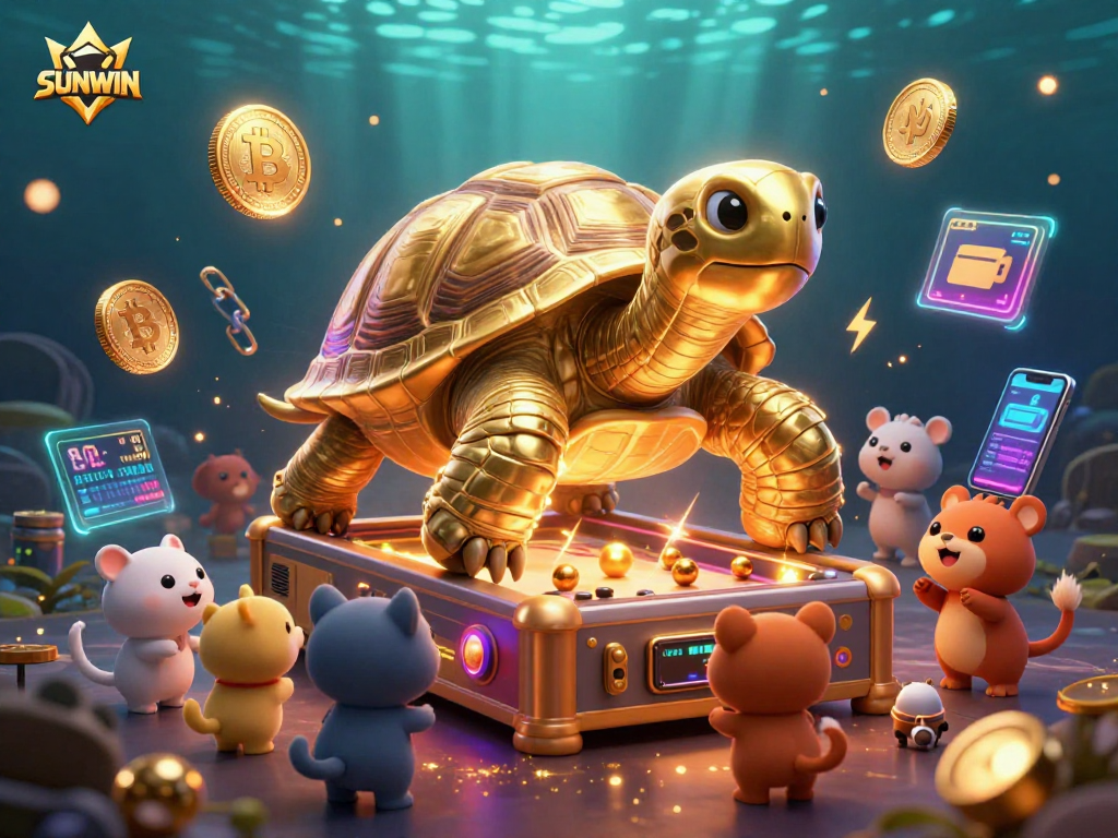 SUNWIN presents an exciting scene with a golden tortoise pinball machine amidst vibrant cryptocurrency elements.