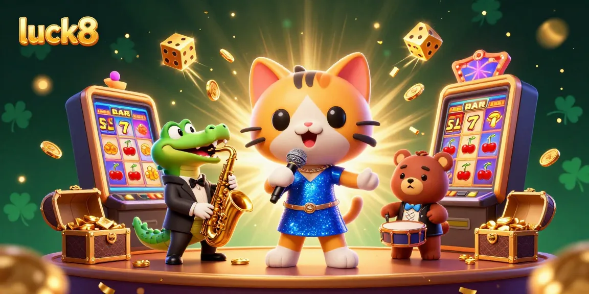Experience luck8 with vibrant casino fun from characters playing slots, enveloped in celebratory elements.