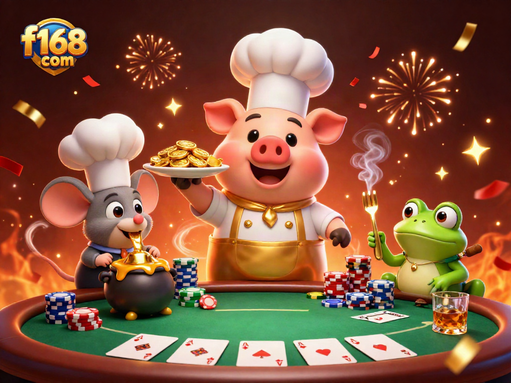 Engage with f168 com's lively casino scene showcasing a chef pig and friends serving gold coins.