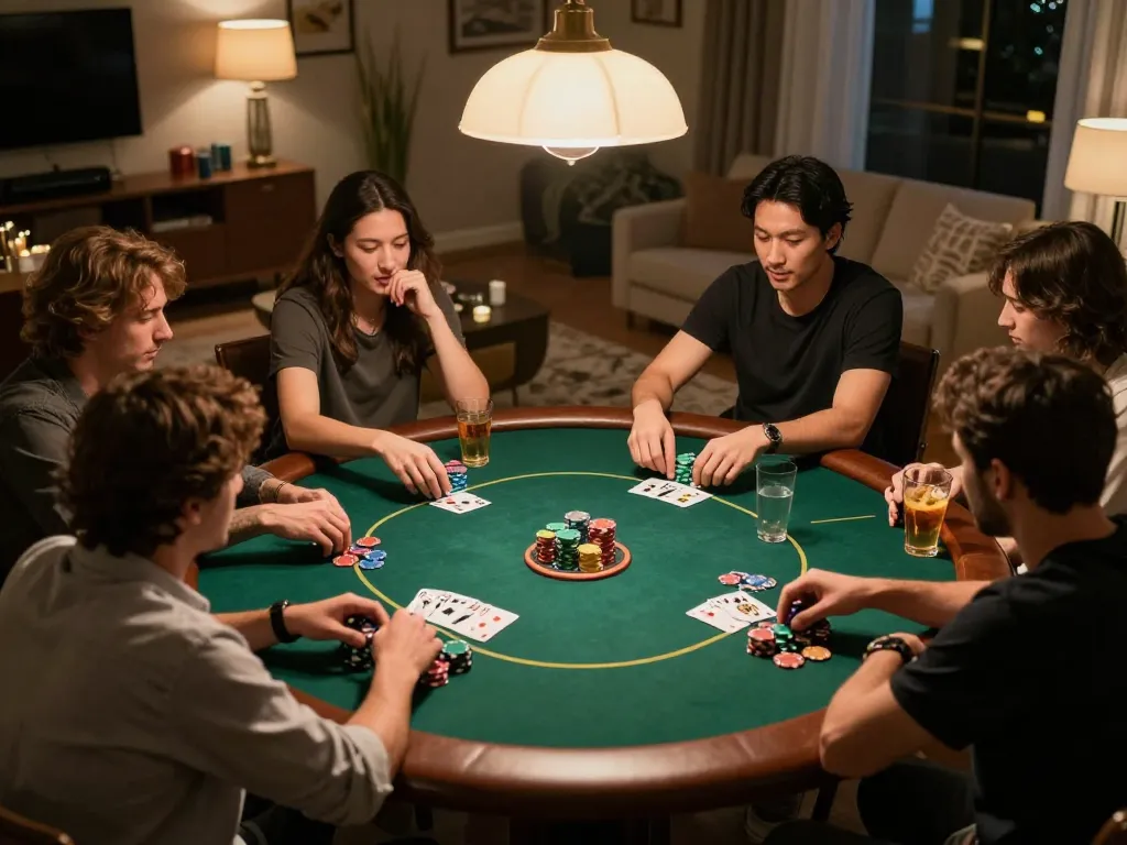Players enjoying a lively poker game at home with Uk88 gaming strategy in focus.