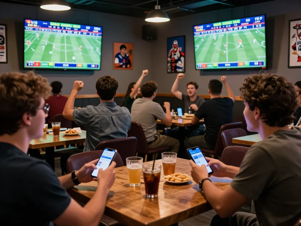 one88me fans engaging in sports betting, analyzing odds on smartphones with excitement and drinks